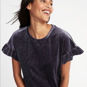 NWT Blue sparkling velvet top with ruffle sleeve